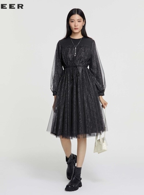 【一一专属】圆领拼接网纱收腰灯笼袖连衣裙S231Z1281