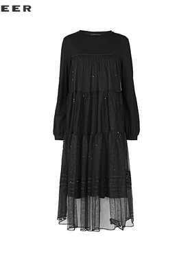 【一一专属】罗纹圆领网纱碎褶拼接连衣裙S243Z1291