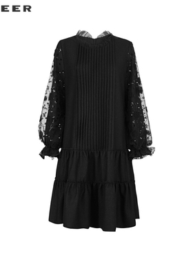 【一一专属】木耳边圆领风琴褶网纱连衣裙S241Z1242