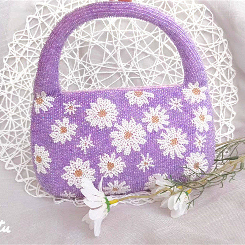 复古钉珠手拎包ins小雏菊手拿包高贵紫色新款手机包手工串珠重工
