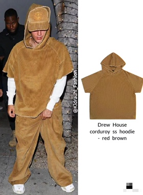 Dre比伯 justinbieber 上身款 短袖 短装灯芯绒帽子卫衣  男女