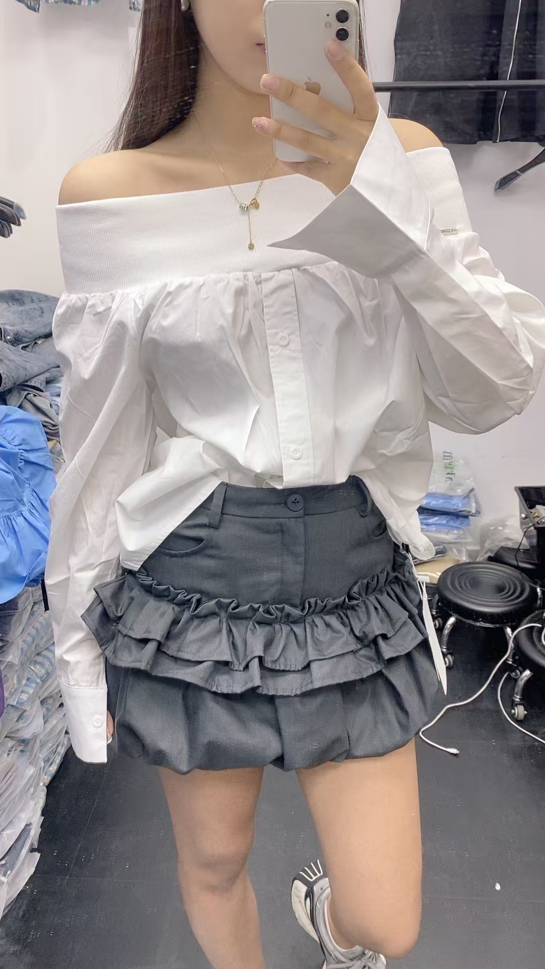 2025春季清仓不退换欧洲站一字肩衬衫新款休闲百搭衬衣显瘦遮肉