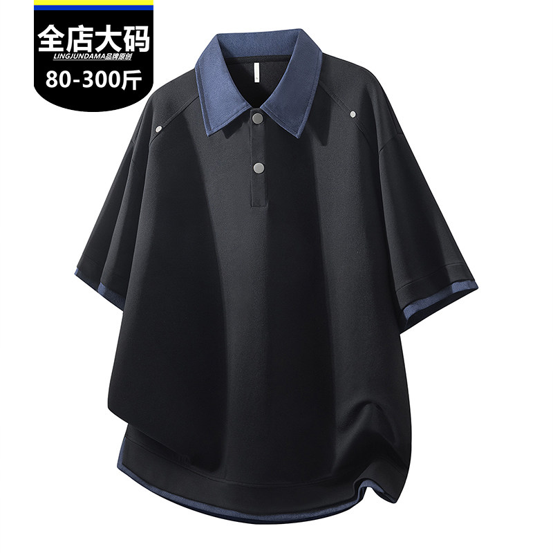 胖男生青年加肥加大冰感棉服短袖polo衫潮牌重磅大码假两件衬衣男