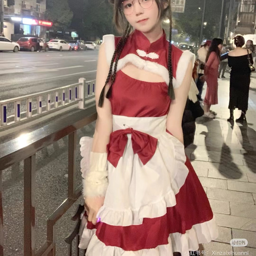 日系甜美Lolita可爱红色连衣裙洛丽塔圣诞节战袍表演服蓬蓬短裙女