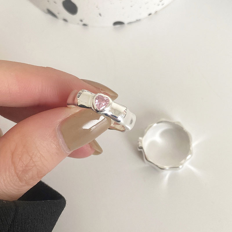 未晚s925纯银戒指女粉色爱心闭口戒少女心满满百搭时髦指环5444J