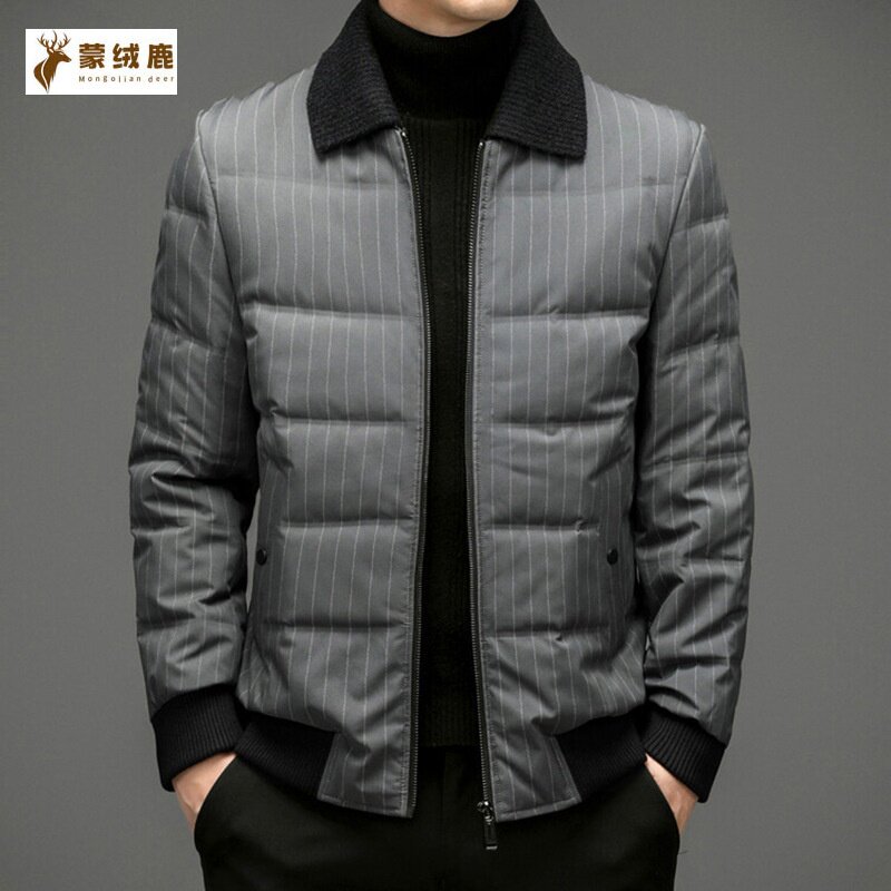 欧洲站条纹羽绒服男2025冬季新款休闲加厚针织修身轻薄衬衫领