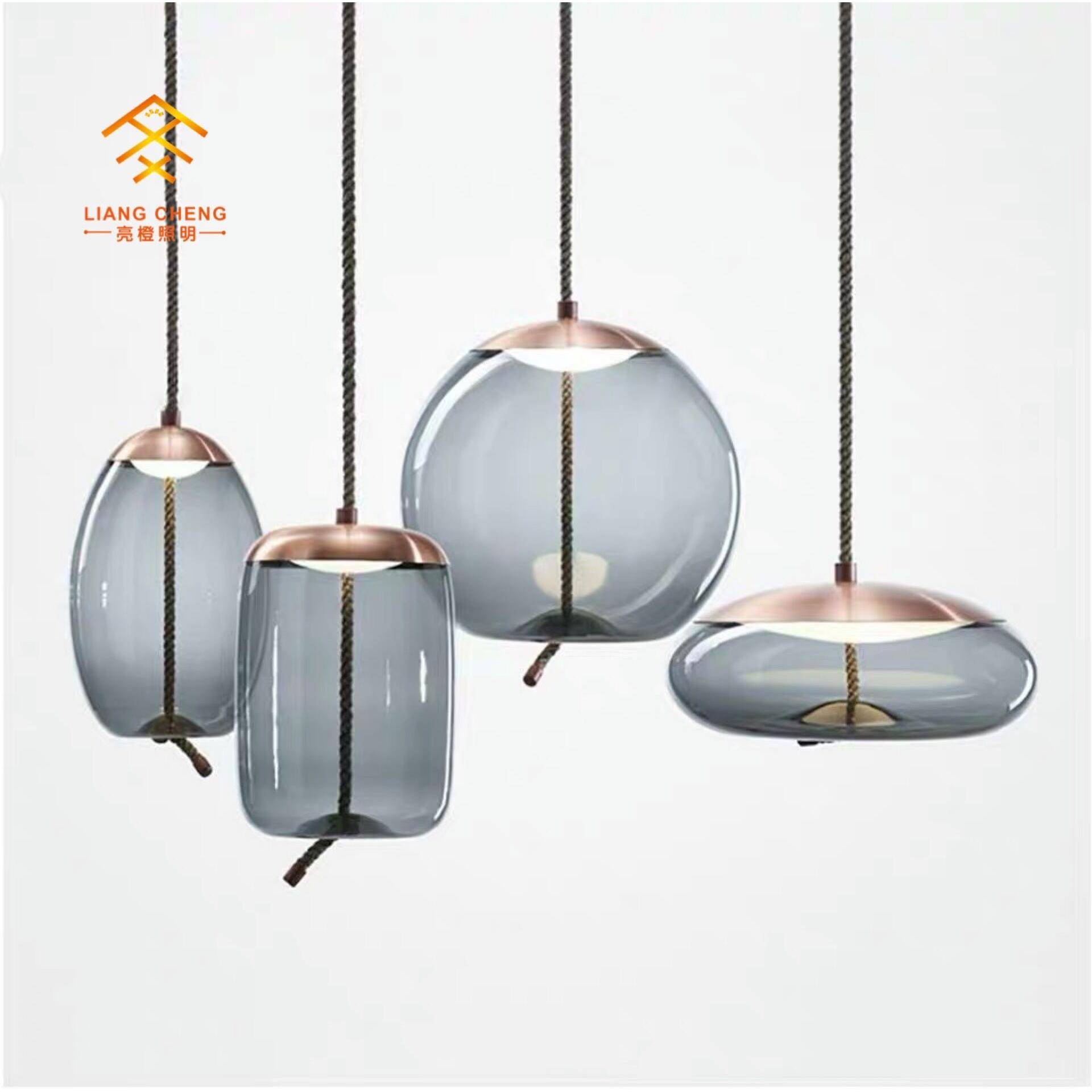 新款简约吊灯咖啡厅个性吧台麻绳loft餐厅吊灯蓝色吊灯创意玻璃灯