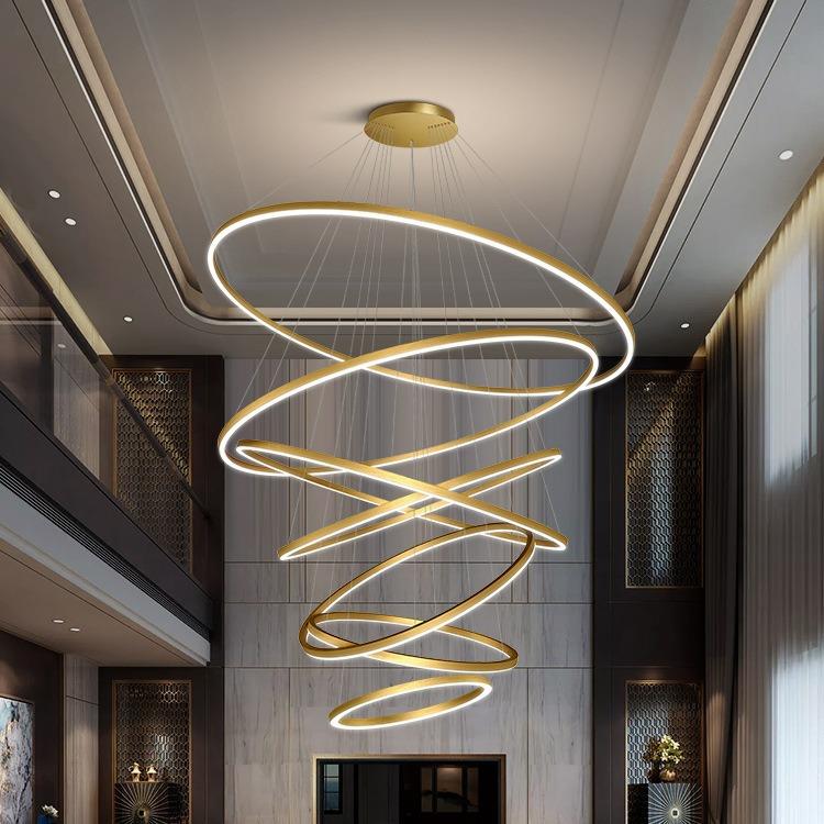 复式楼圆环大吊灯现代简约别墅挑高客厅灯饰中山极简餐厅楼梯灯具