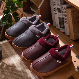 男 加绒保暖居家外穿皮面防水防滑老人中老年包跟棉鞋 棉拖鞋 女冬季