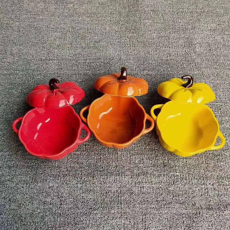 新品创意可爱南瓜造型双耳烤碗带盖陶瓷隔水炖盅烘焙餐具甜品小碗