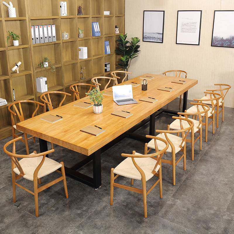 简约实木长条培训会议桌铁艺电脑桌大型家具loft公司办公桌椅组合