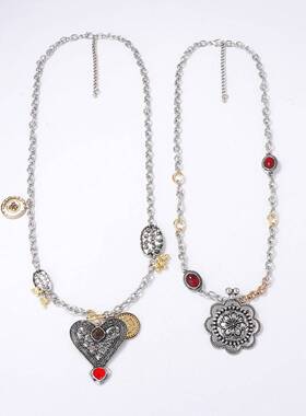 ZA跨境复古潮流合金夸张古银色花卉花朵独特爱心吊坠双层叠戴项链