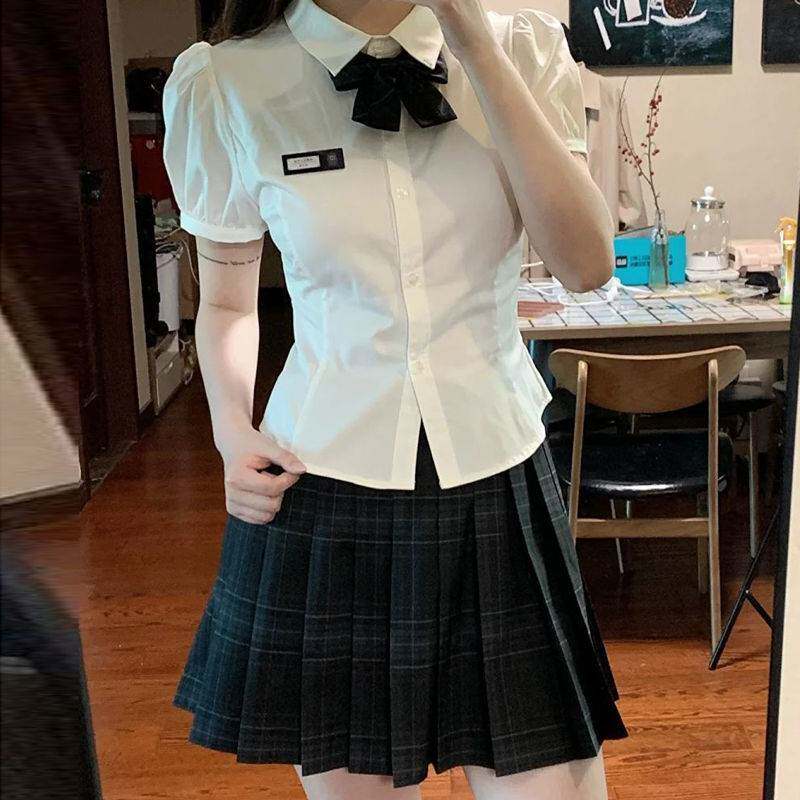 学院风JK制服日系白色短袖衬衫女甜美小众收腰衬衣法式泡泡袖上衣