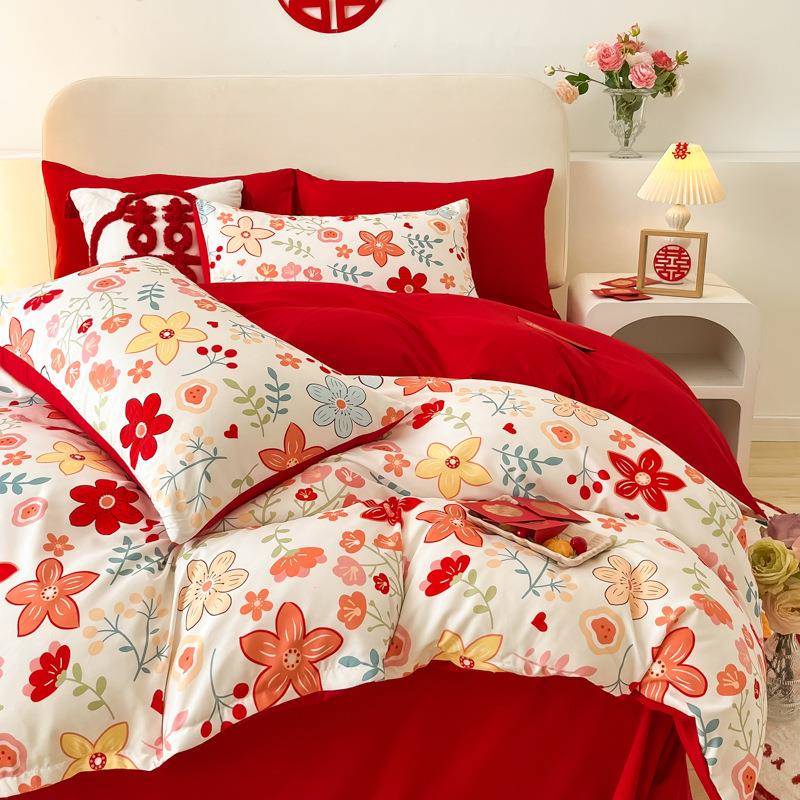 9QXC简约婚庆四件套大红色被套纯棉全棉结婚床上用品陪嫁婚房床单