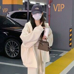 美式慵懒风休闲卫衣加绒连帽外套女生秋冬款韩系时尚百搭开衫上衣