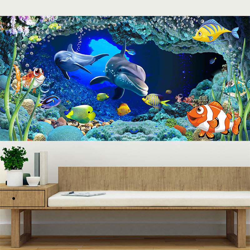 儿童房海洋壁画主题卧室海底世界墙贴画大幅整张自粘墙纸