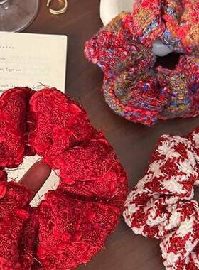 圣诞新年氛围感韩系红色系毛线编织大肠圈后脑勺马尾丸子头发饰女