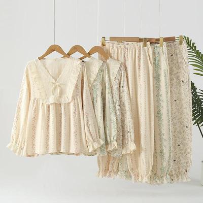 温柔女碎花纯棉棉纱宽松双层纱布家居服睡衣套装秋季长袖居家外穿