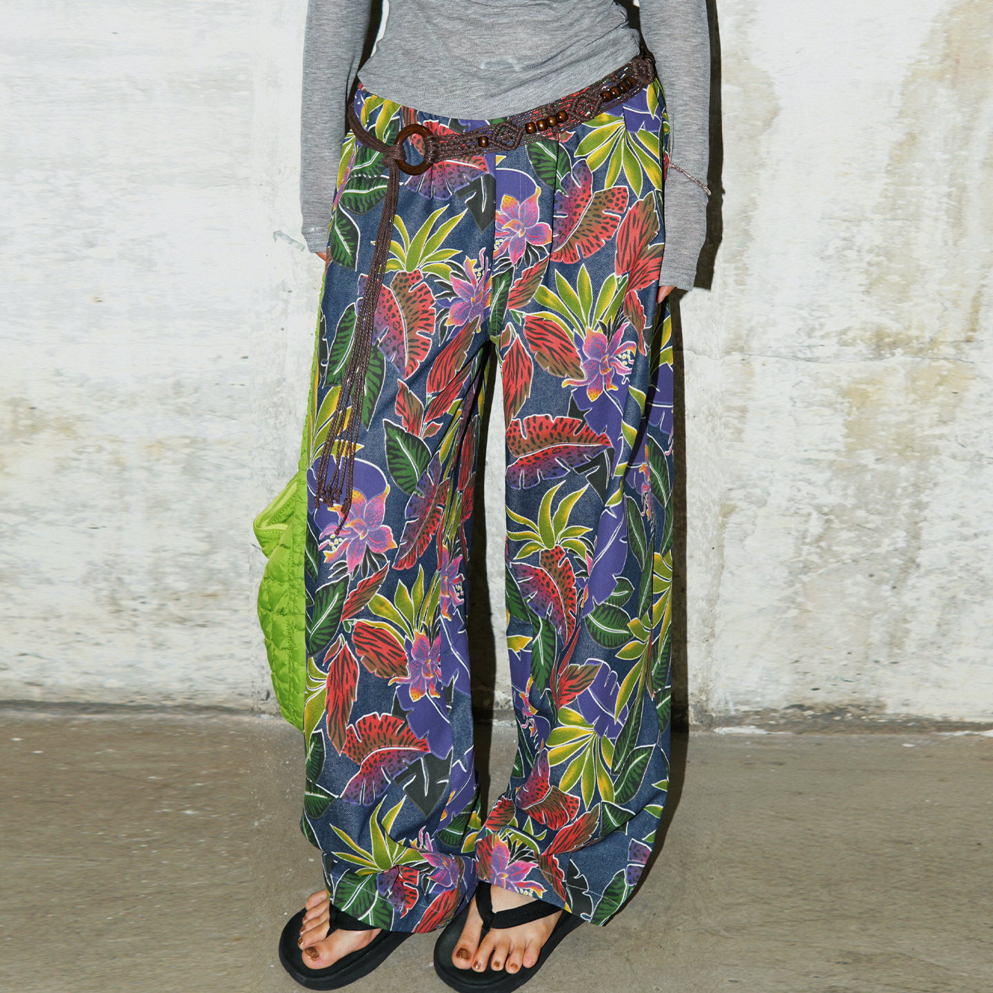 zopiclone自制款福利特价古着紫色植物印花松紧腰廓形牛仔裤