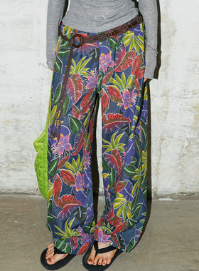 zopiclone自制款福利特价古着紫色植物印花松紧腰廓形牛仔裤