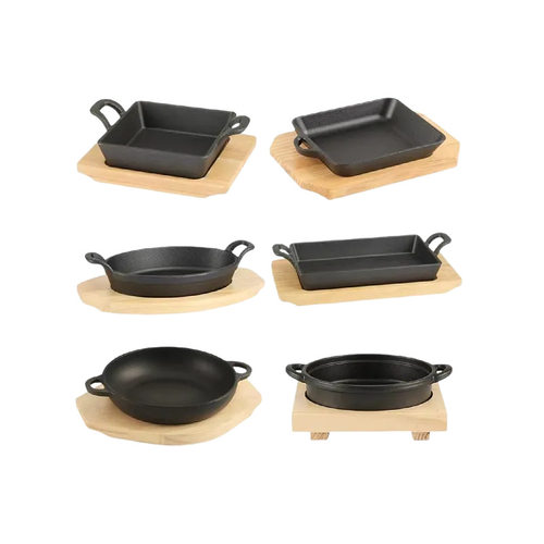 加厚铸铁铁板烧盘配木板圆形