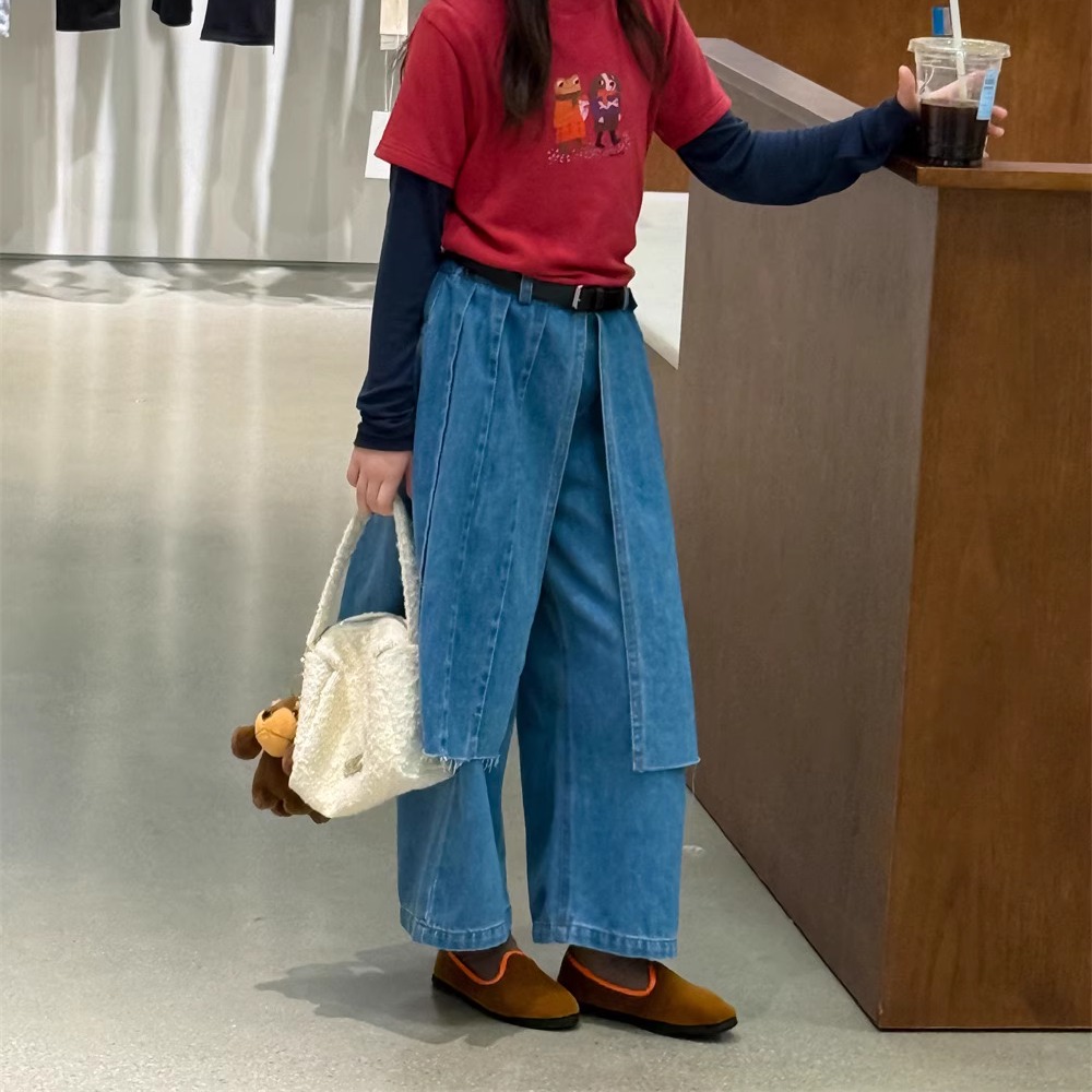 男女大童个性假两件屁帘拼接牛仔