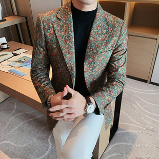 外套男士 新款 西装 春季 轻奢轻熟风休闲上衣 英伦修身 花西服潮流时尚
