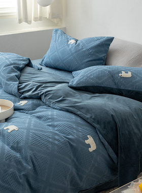 华夫格加绒保暖四件套全棉提花华夫格卡通毛巾绣拼宝宝绒秋冬绒面