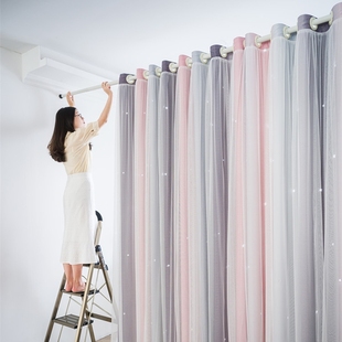 双层带纱免打孔安装窗帘女生卧室儿童房女孩小公主风窗帘杆一整套