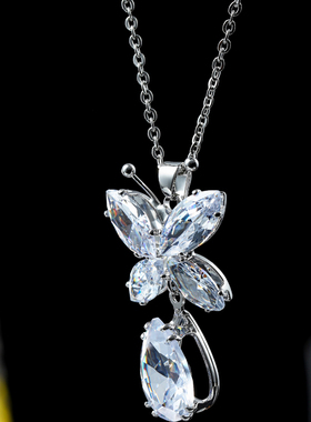 925镶嵌锆石小众项链小动可爱吊坠锁骨链蝴蝶项链耳环耳钩耳挂