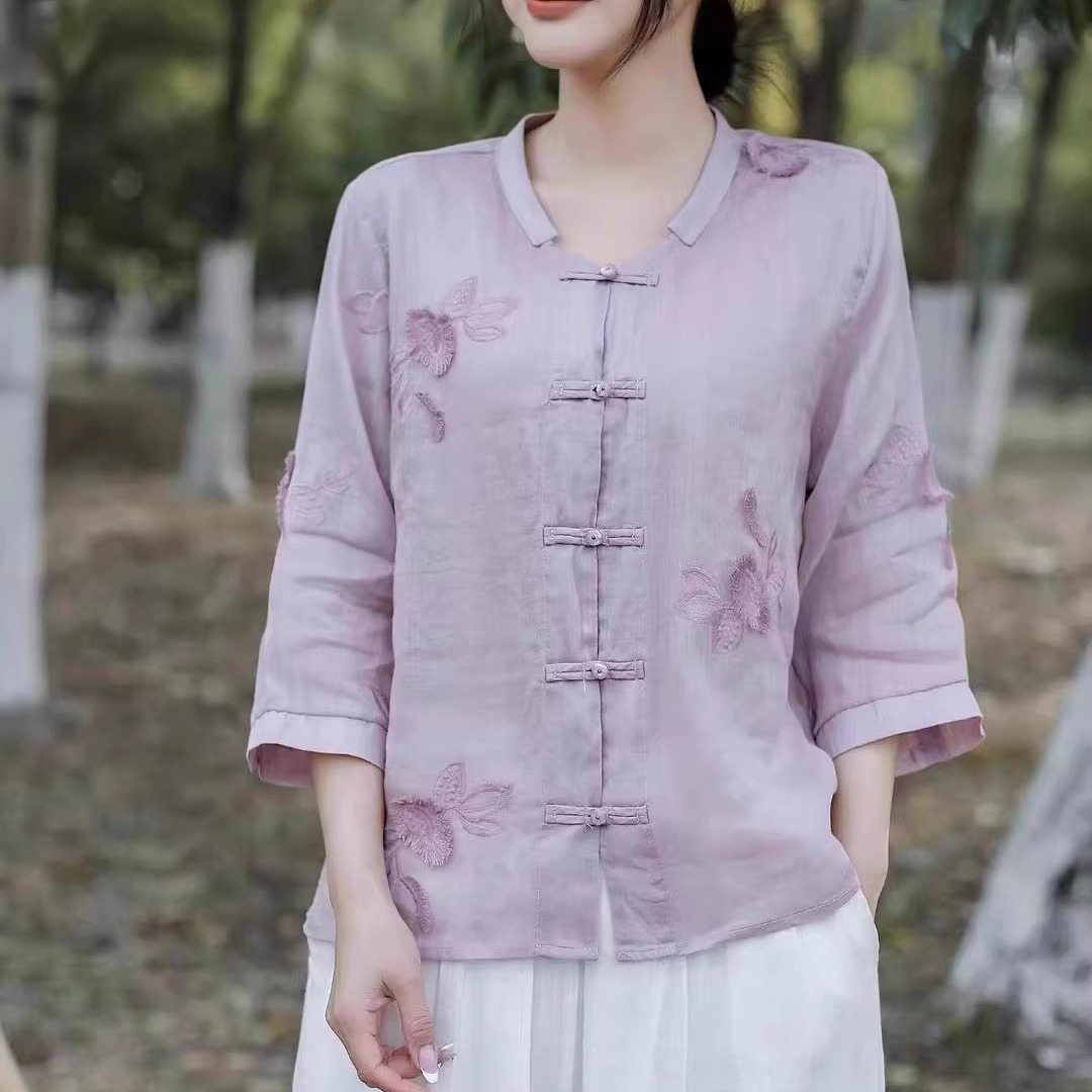 新中式国风刺绣100%纯苎麻衬衫女2025夏季新款小翻领文艺上衣开衫