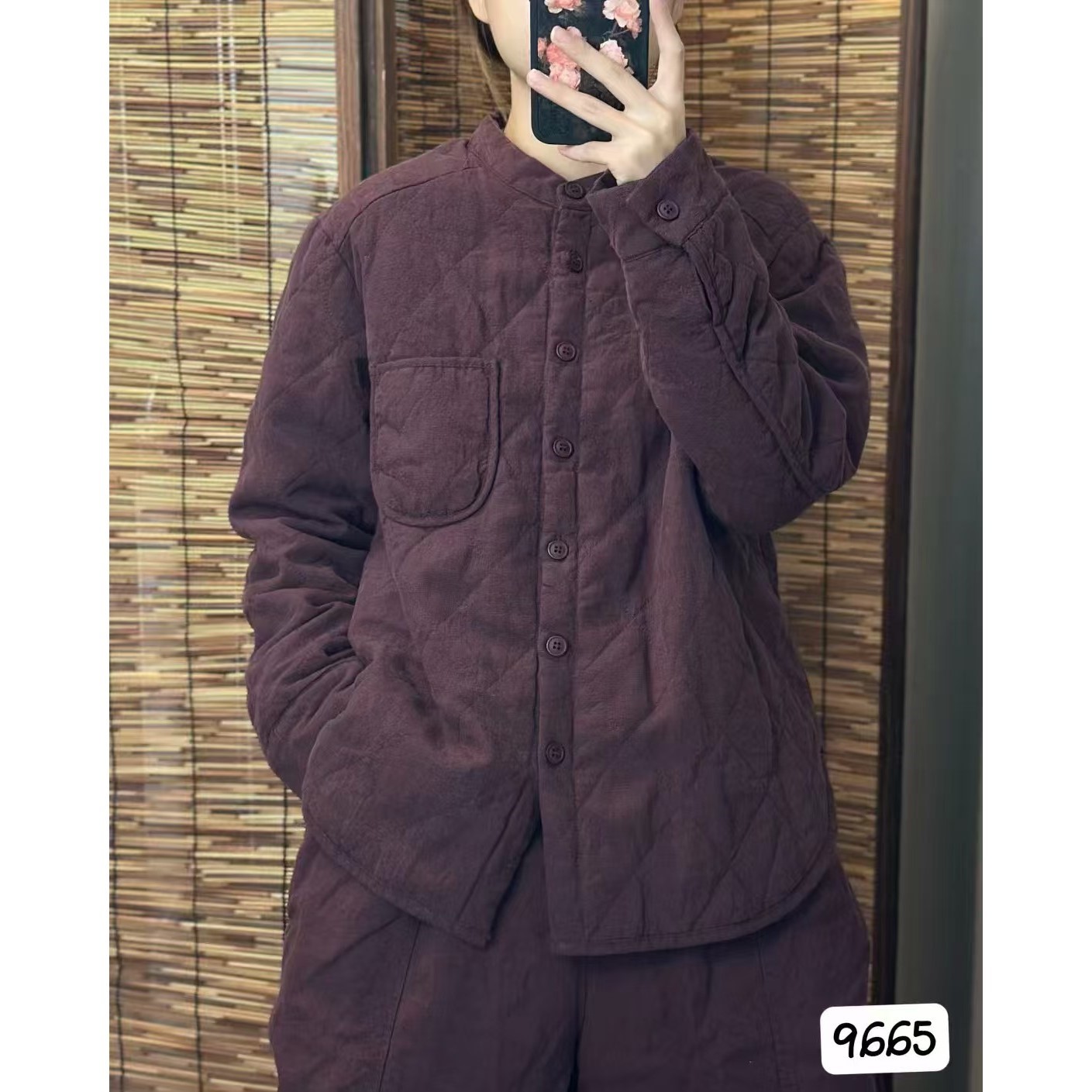 希哦文艺菱格纹砂洗亚麻棉服女2025年冬季圆领宽松休闲棉衣外套潮