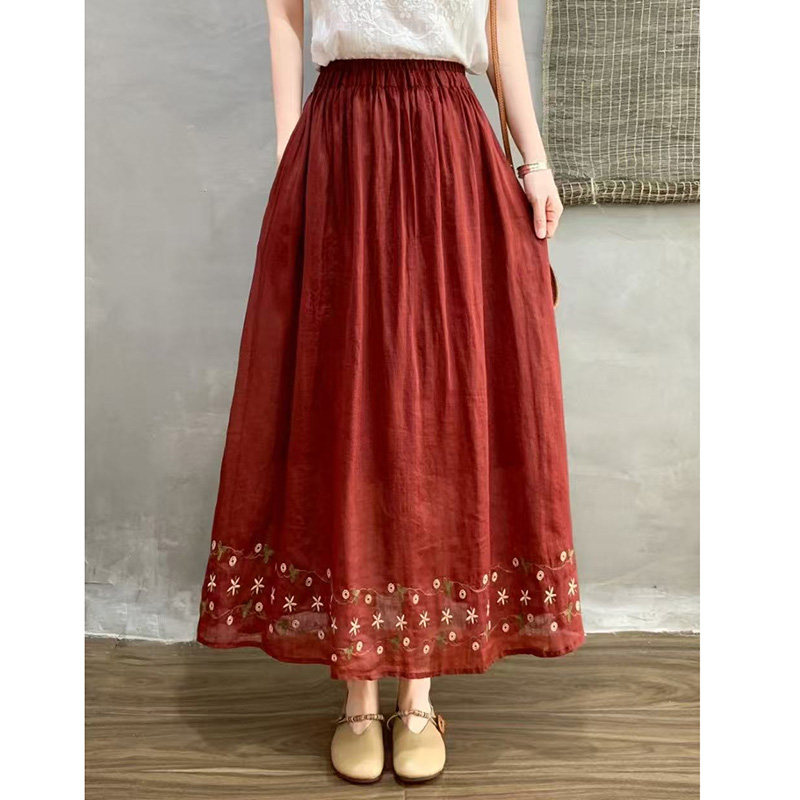 2025年夏季新款复古苎麻刺绣设计半身裙女宽松百搭A字版中长款裙,女装/女士精品,半身裙,淘宝优惠券,粉丝福利购,淘宝优惠卷