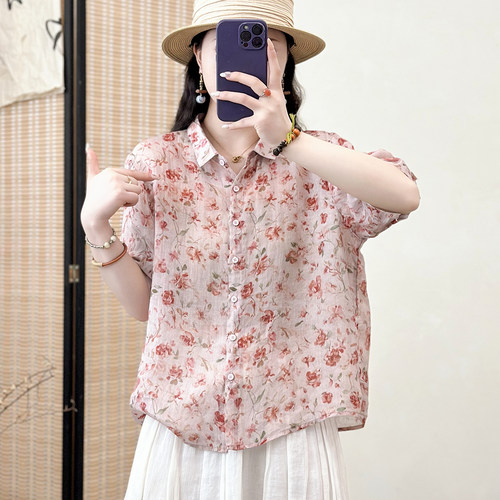 2025夏季新款100%纯苎麻印花翻领短袖女士衬衫宽松显瘦上衣小衫薄