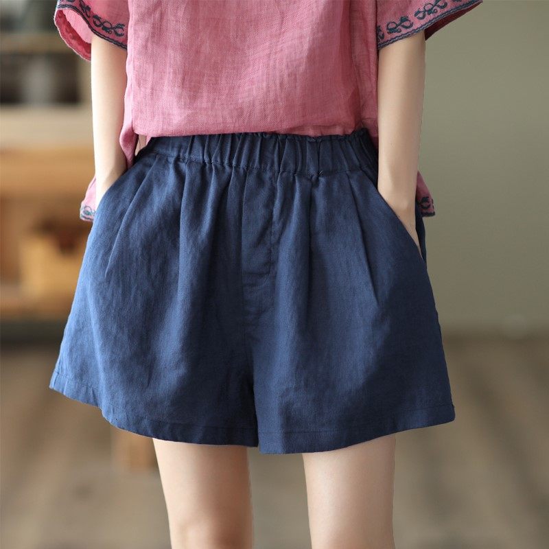2025年夏季新款复古亚麻短裤女松紧腰纯色阔腿裤百搭艺百搭直筒裤,女装/女士精品,休闲裤,淘宝优惠券,粉丝福利购,淘宝优惠卷