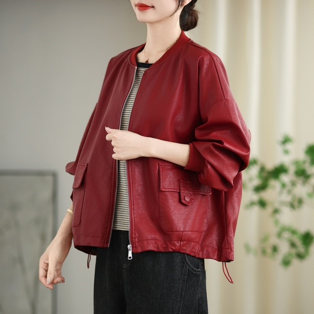 复古休闲时尚皮衣短外套女2025春秋新款妈妈大码洋气宽松机车上衣