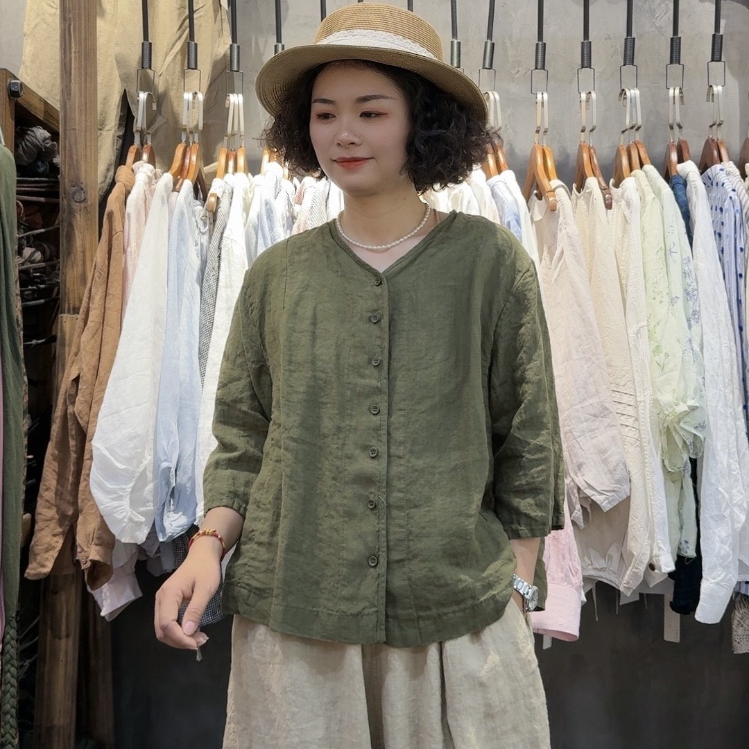 日系文艺复古100%亚麻透气七分袖上衣女2025夏季新款宽松显瘦上衣