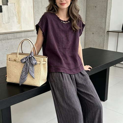 高品质100%色织亚麻手工玉石钉珠毛边上衣女文艺风套头短袖衬衫夏