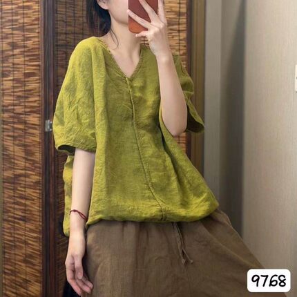 【纯亚麻】复古V领亚麻短袖女夏季宽松遮肉大码上衣文艺休闲小衫