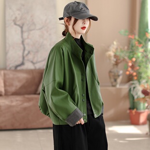 2026春秋新款气质洋气短款PU皮外套女宽松复古绿色小个子夹克开衫