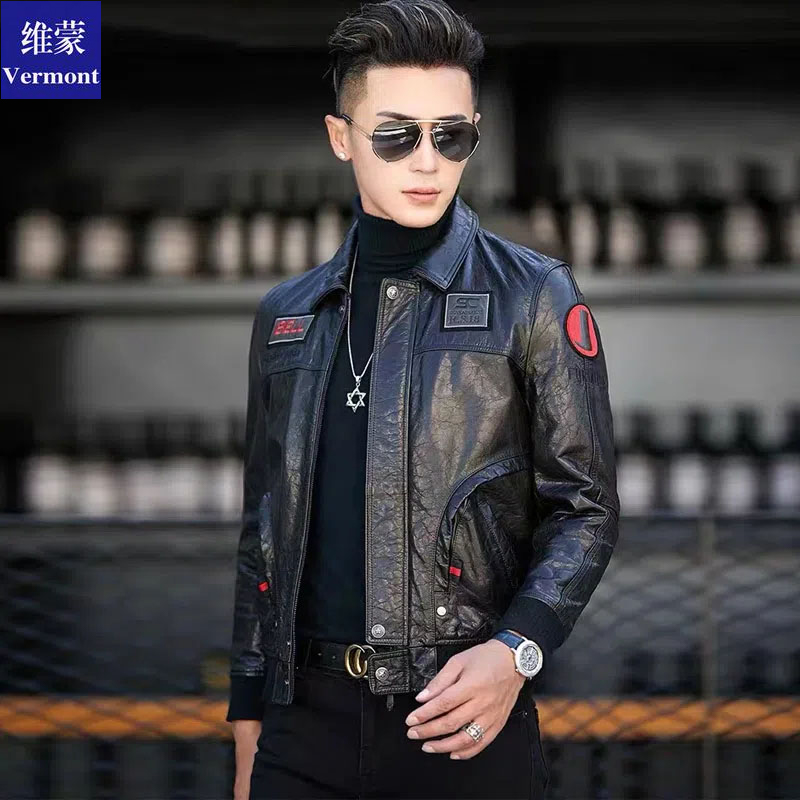 维蒙海宁新款真皮皮衣男士翻领修身短款机车时尚皮夹克刺绣外套潮
