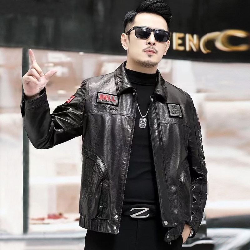 维蒙海宁新款真皮皮衣男士翻领修身短款机车时尚皮夹克刺绣外套潮