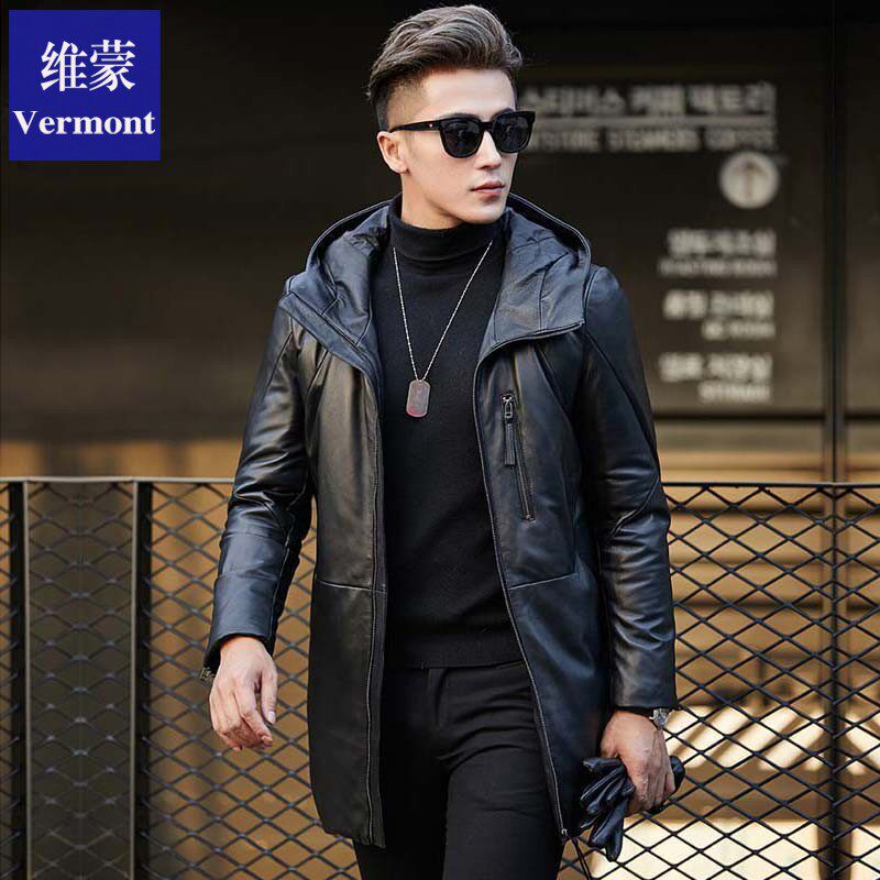 维蒙冬季新款海宁真皮皮衣男羽绒服连帽中长款时尚高档皮夹克外套