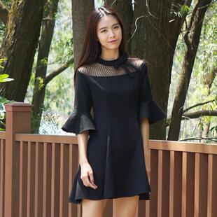 名媛风2025时尚女装网纱拼接喇叭七分袖蝴蝶结小个子连衣裙