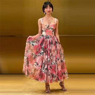 欧美时尚2026夏季新款女装无袖吊带网纱玫瑰印花瘦身大摆连衣裙