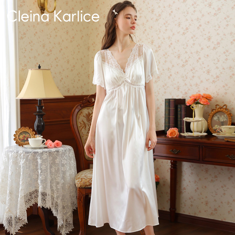 Cleina Karlice法式宫廷风冰丝睡衣女高级感性感蕾丝睡裙长款夏