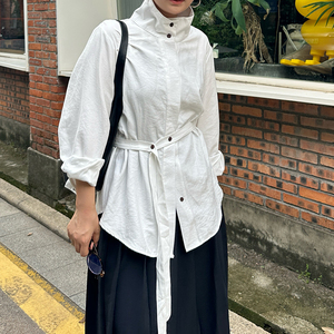 设计感立领简约白色绑带收腰衬衫女2024秋季高领磨毛宽松收腰上衣