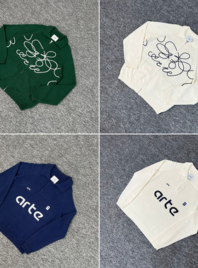 INS美式小众字母图案刺绣简约翻领针织衫情侣宽松拉链开衫毛衣潮