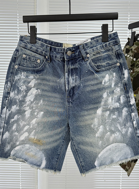 夏季新款潮牌复古做旧泼墨蓝色水洗牛仔短裤男女宽松高街休闲裤潮