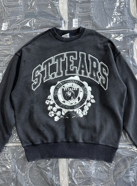 秋冬新款复古做旧英文字母图案印花男女宽松休闲套头长袖加绒卫衣